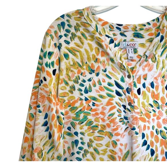 D & Co Dandelion Geo Henley Tee Womens Medium Multicolor Cotton Casual Knit Top - Picture 2 of 7